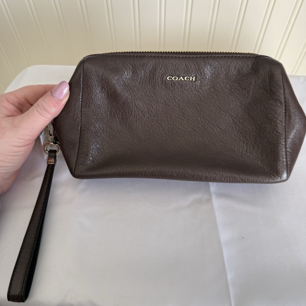 Coach Madison Large Leather Wristlet Pouch Makeup Bag Midnight Oak Dark Brown